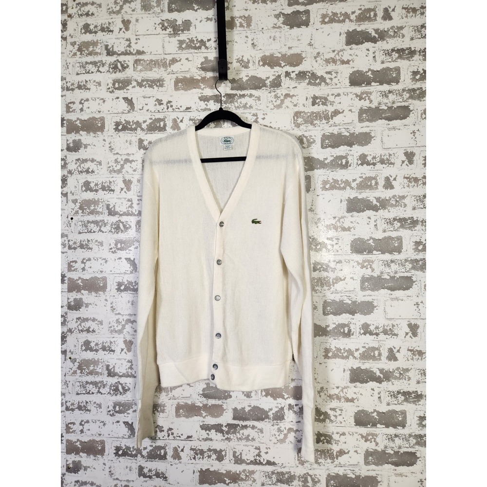 VTG Izod Lacoste Cardigan Sweater Large Beige Golf Preppy Grandpa 90s Academia